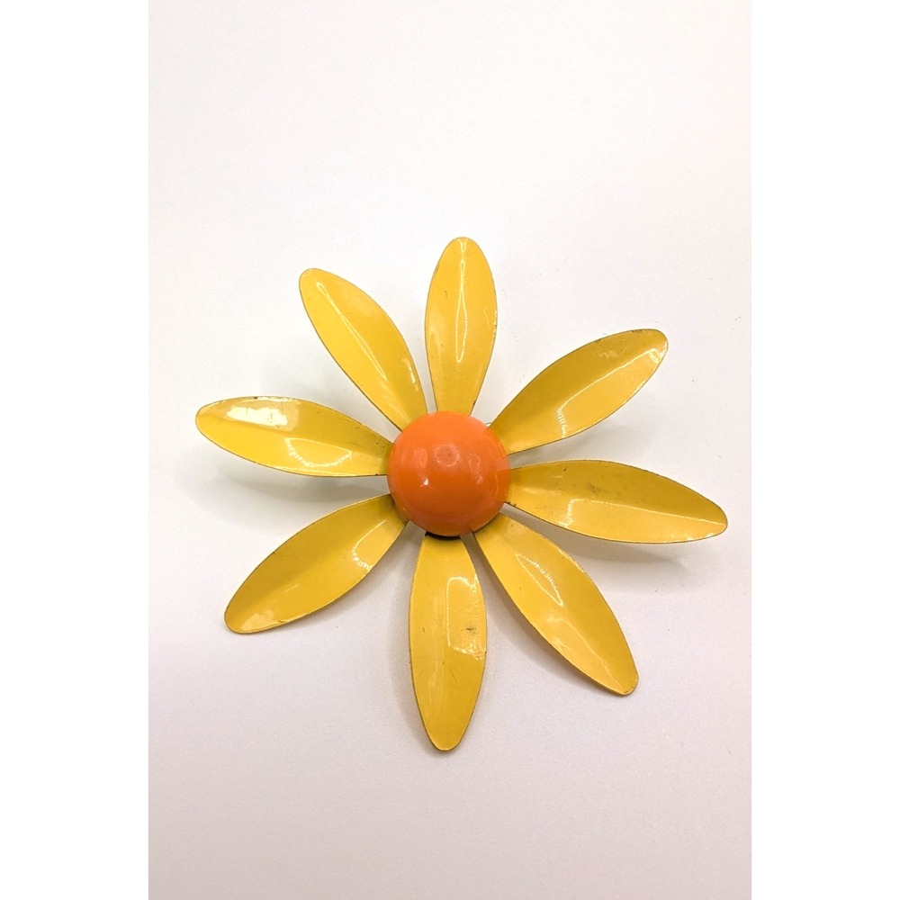 Vintage Yellow Enamel Daisy Flower Power Brooch Pin 2.5" Orange Center Mod Retro